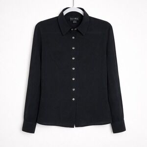 Black Silk Long Sleeve Button Up Shirt 14 Dark Academia Parisian Minimalist Lux